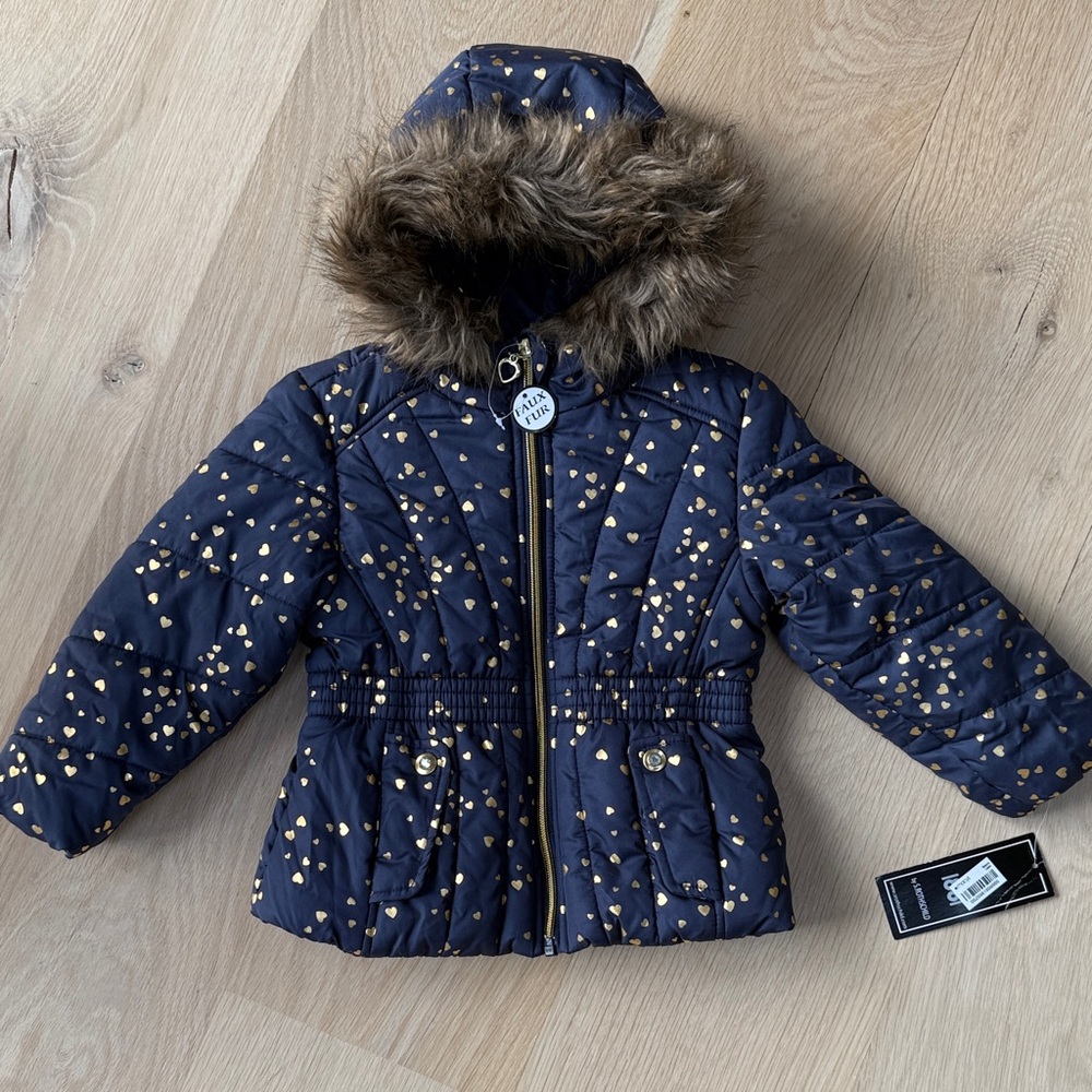 NWT! Girls Navy Puffer Jacket with Gold Accents